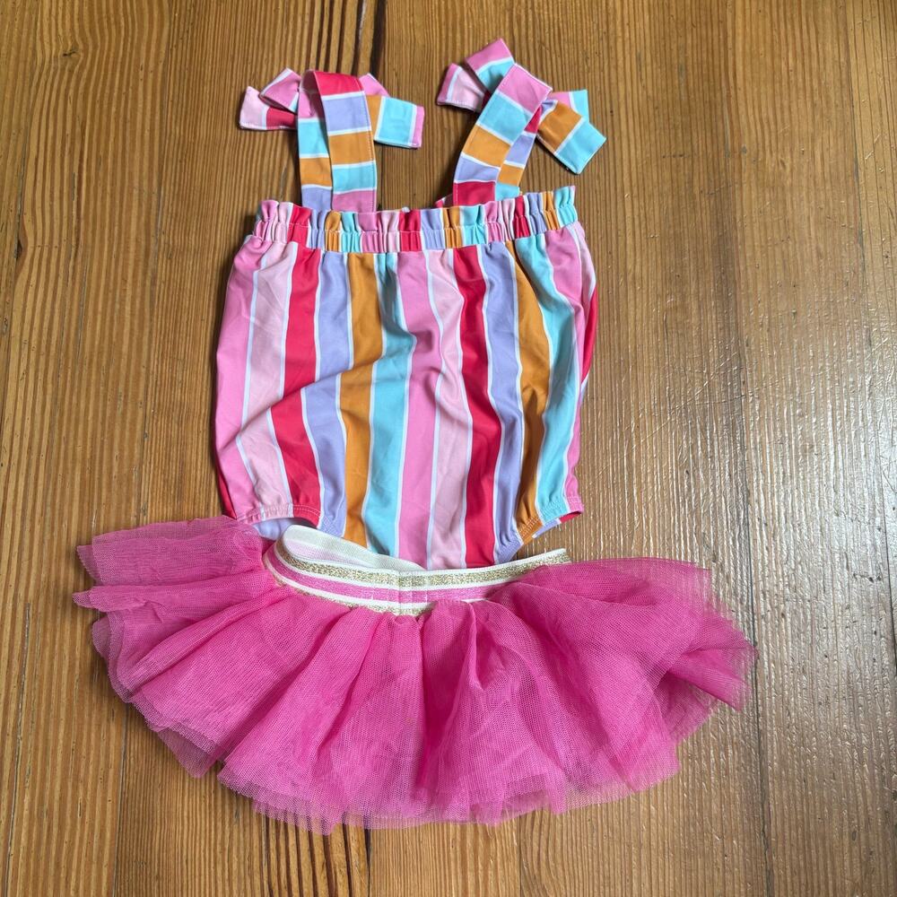 Mud Pie pink striped bow‎ one piece tutu swimsuit SIZE 12-18M